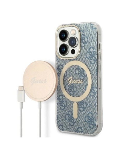 Set Guess GUBPP14LH4EACSB Case+ Charger iPhone 14 Pro 6.1" blue/blue hard case 4G Print MagSafe