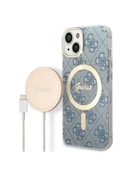 Set Guess GUBPP14MH4EACSB Case+ Charger iPhone 14 Plus 6.7" blue/blue hard case 4G Print MagSafe