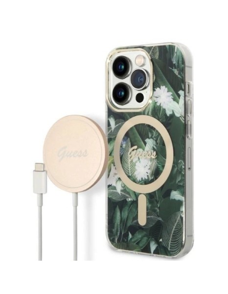 Set Guess GUBPP14XHJEACSA Case+ Charger iPhone 14 Pro Max 6.7" green/green hard case Jungle MagSafe