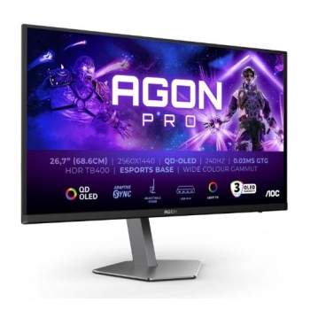 AOC MONITOR 27'' GAMING AGON PRO, OLED, 2560x1440, 80M:1, 280Hz, 0.03MS, 1000 CD/M2, SPEAKERS, G-SYNC COMPATIBLE, TILT, SWIVEL, PIVOT, HEIGHT ADJUSTABLE, HDMI X 2, DISPLAY PORT X 2, USB 3.2 X 2, BLACK AOC MONITOR 27'' GAMING AGON PRO, OLED, 2560x1440, 80M:1, 280Hz, 0.03MS, 1000 CD/M2, SPEAKERS, G-SYNC COMPATIBLE, TILT, SWIVEL, PIVOT, HEIGHT ADJUSTABLE, HDMI X 2, DISPLAY PORT X 2, USB 3.2 X 2, BLACK