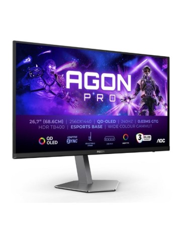AOC MONITOR 27'' GAMING AGON PRO, OLED, 2560x1440, 80M:1, 280Hz, 0.03MS, 1000 CD/M2, SPEAKERS, G-SYNC COMPATIBLE, TILT, SWIVEL, PIVOT, HEIGHT ADJUSTABLE, HDMI X 2, DISPLAY PORT X 2, USB 3.2 X 2, BLACK