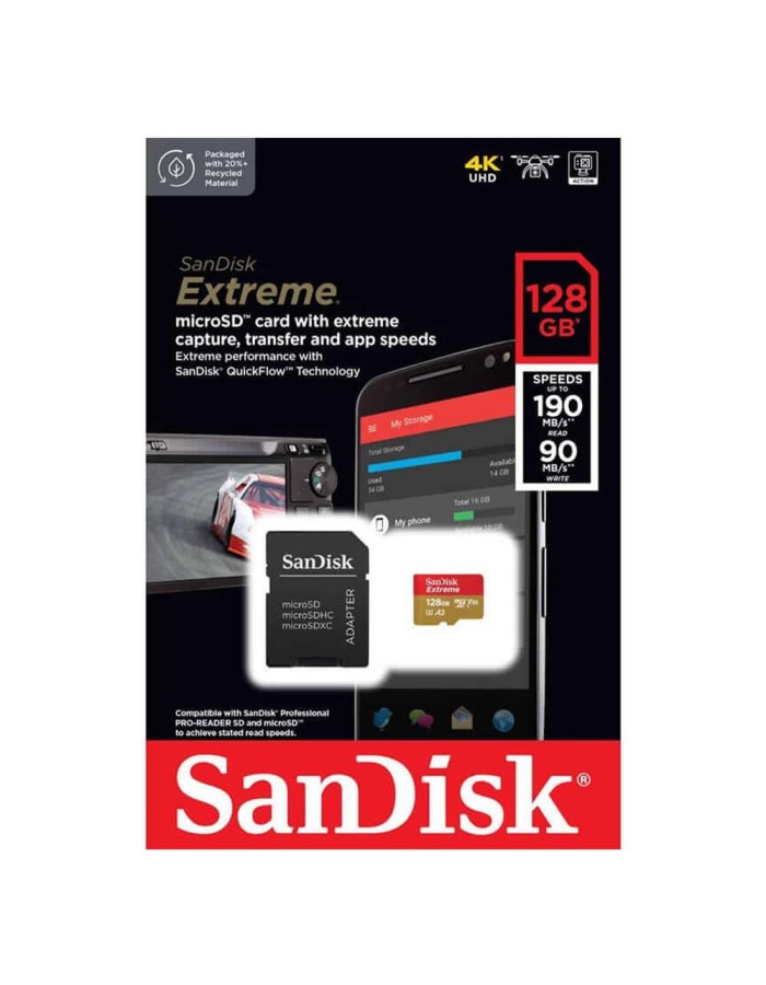 SANDISK Extreme microSDXC128GB + SD Adapter For Action/Digital Cameras 190MB/s A2 C10 V30 UHS-I U3 4K