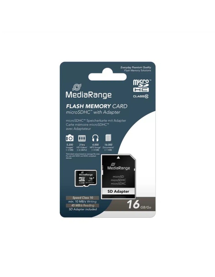 MEDIARANGE Micro SDHC Class 10 With SD Adaptor 16GB MR958 MEDIARANGE Micro SDHC Class 10 With SD Adaptor 16GB MR958